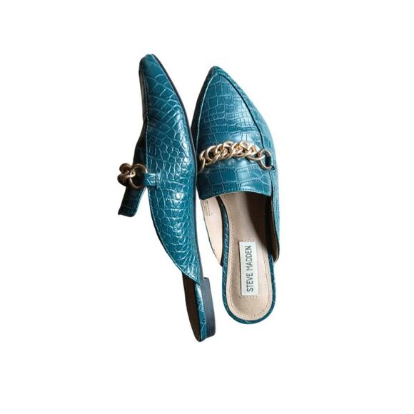 Steve Madden Chain Mule Loafers Size 6.5M Turquoise Crocodile Pointed Toe Flats - Picture 5 of 10